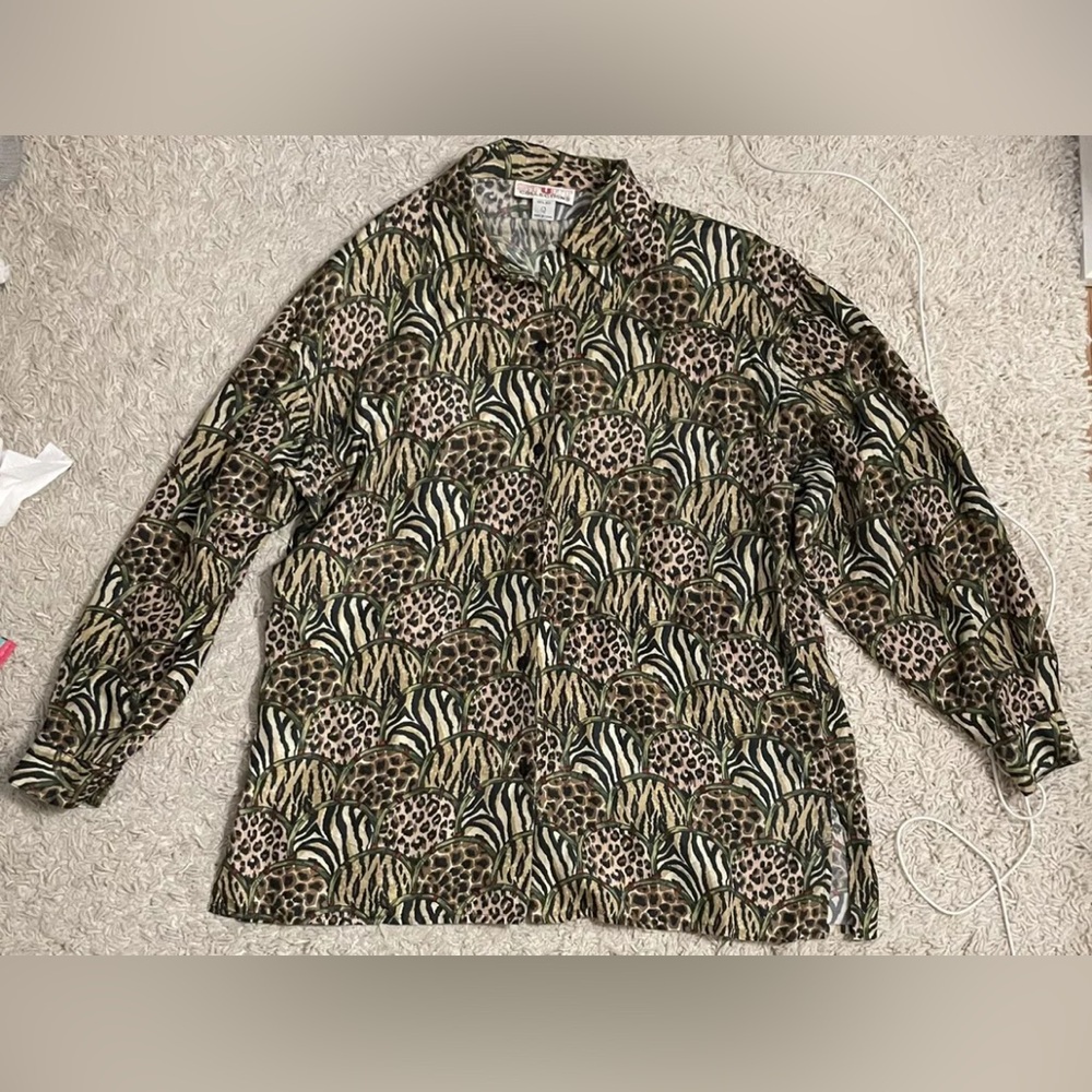 STUNT COLLECTIONS black brown green silk vintage button front shirt top large l
